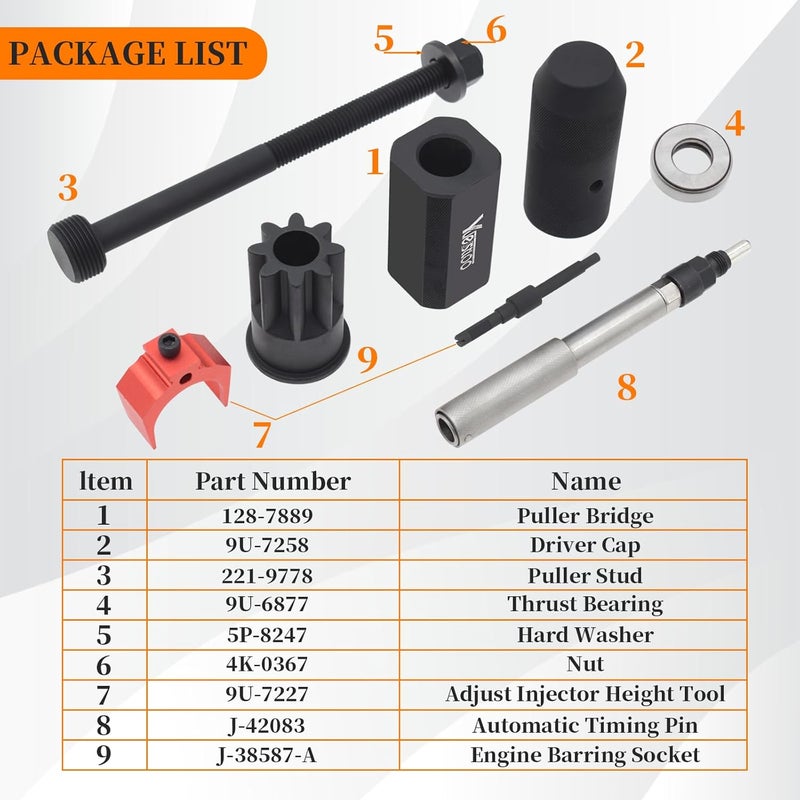 Yuesstloo 9U-6891 Injector Sleeve Remover Installer Set + J-42083 Automatic Timing Pin + 9U-7227 Injector Height Tool + J-38587-A Engine Barring Socket Fits for CAT Caterpillar 3406E C15 C16 Engines - Image 3